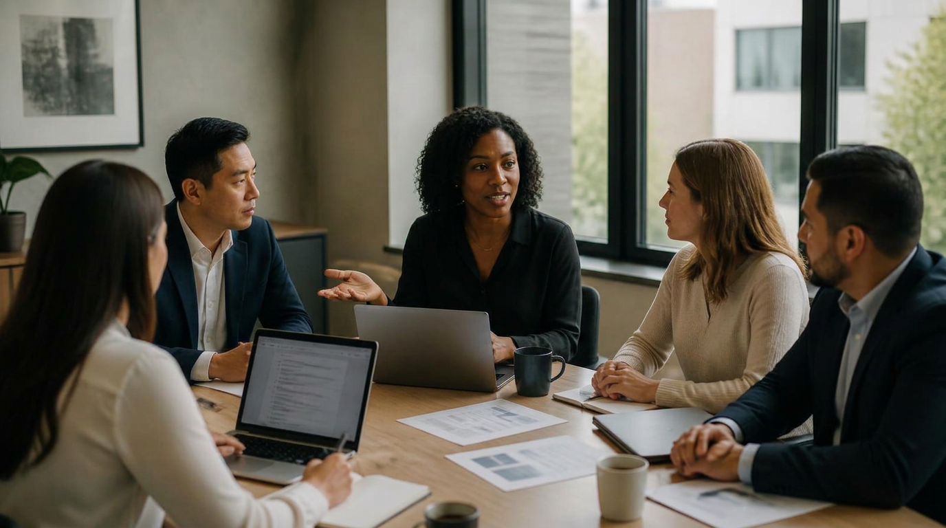 Five colleagues around a wooden table in a daylit meeting room, a woman mid-sentence while the others listen, laptops and printed documents in front of them